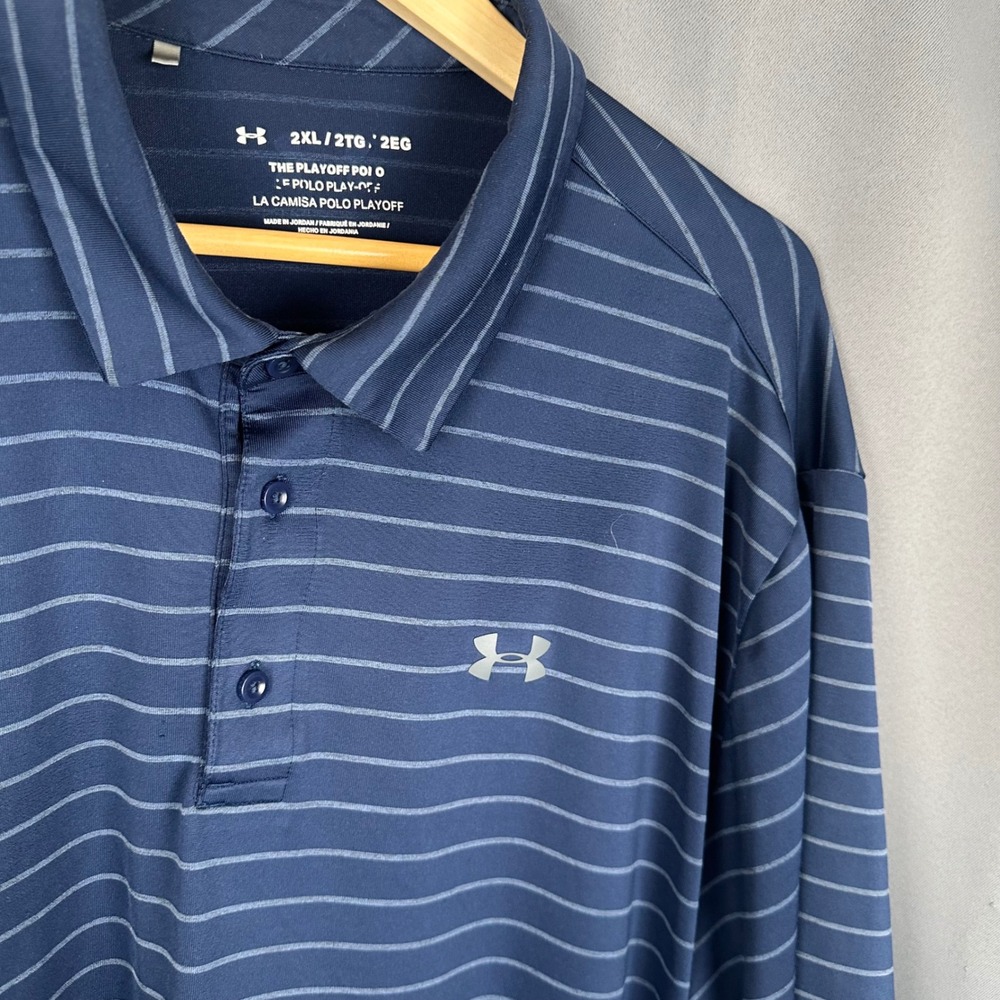 Under Armour Playoff Polo Mens 2XL Navy Blue Striped HeatGear Golf Shirt XXL - Picture 2 of 7
